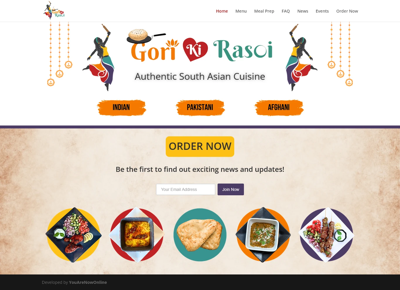 Actual Gori Ki Rasoi production homepage screenshot showing branding, navigation and food photography